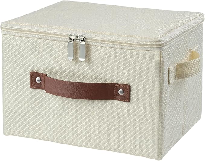 Storage Bins with Zipper Lid Foldable Fabric Lidded Storage Boxes Baskets Cubes Washable Collapsible PU Leather Handle Cotton Linen Shelf Fabric Closet Organizer Container(Beige, Small Size)