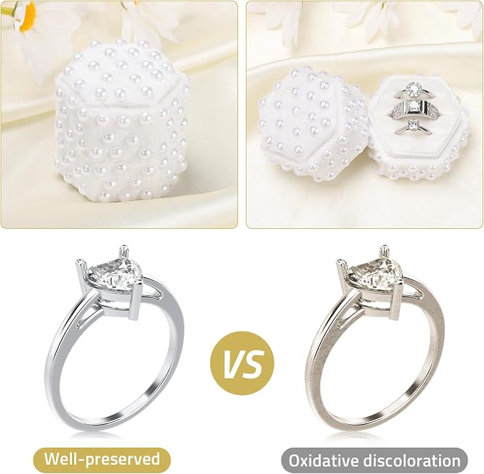 WantGor Velvet Jewelry Ring Box, 3 Slots Hexagon Ring Gift Box Ring Holder | Vintage Ring Display Case for Wedding Ceremony Proposal Engagement (White Pearl, 3 Slots)