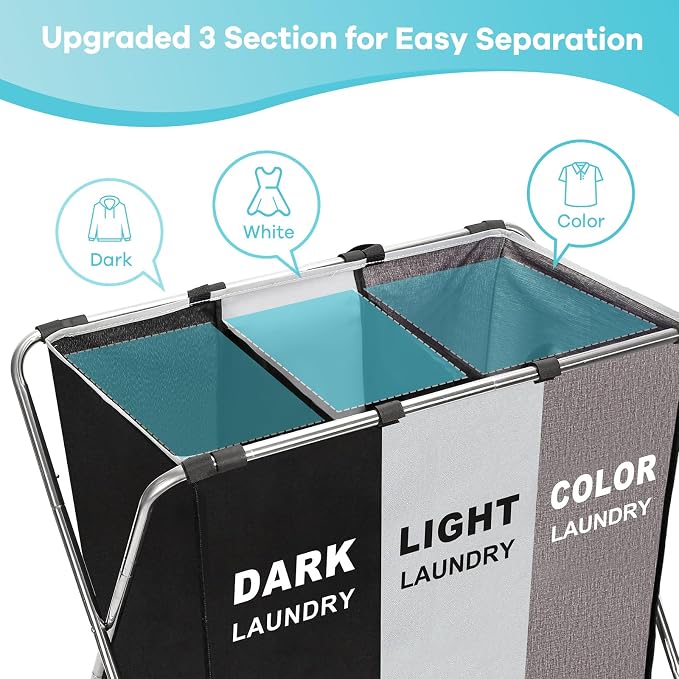 150L Laundry Cloth Hamper Sorter Basket Bin Foldable 3 Sections with stainless steel Frame Washing Storage Dirty Clothes Bag for Bathroom Bedroom Home Storage Basket (Black+Gray+Coffee)
