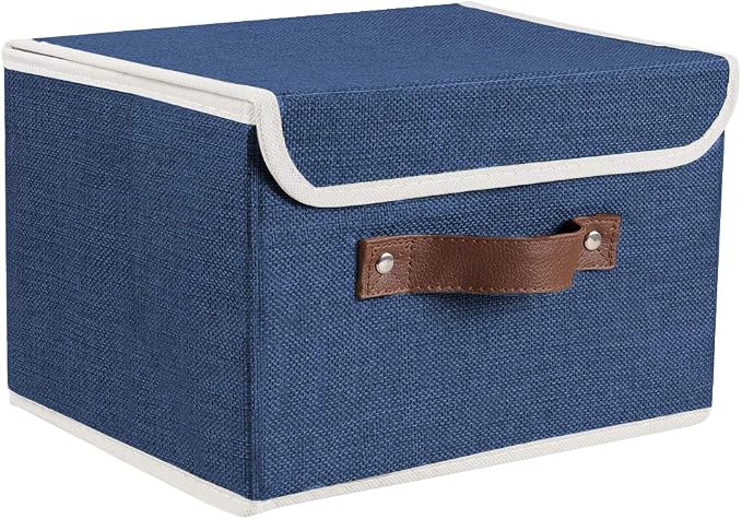 2Pack Storage Bins Boxes with Lids 15"x10"x10" Decorative Storage Baskets | Cotton Linen Fabric, Collapsible, Faux Leather Handles, Storage Cubes, Closet Shelf Clothes Organizer Container, Blue