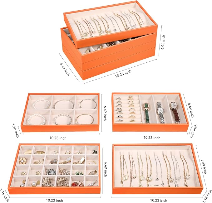 LANDICI Stackable Jewelry Organizer Trays 4 Set,PU Leather Jewelry Organizer Drawer,Jewelry Storage Display Tray for Earring Necklace Rings Bracelet with Removable Dividers,Orange