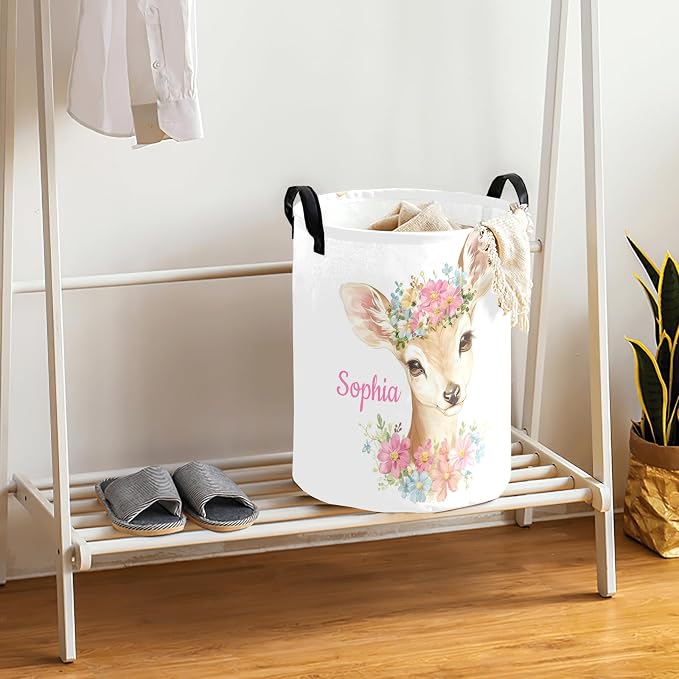 Deer Pink Florals Laundry Basket Hamper Large Storage Bin with Handles for Gift Baskets, Bedroom, Clothes