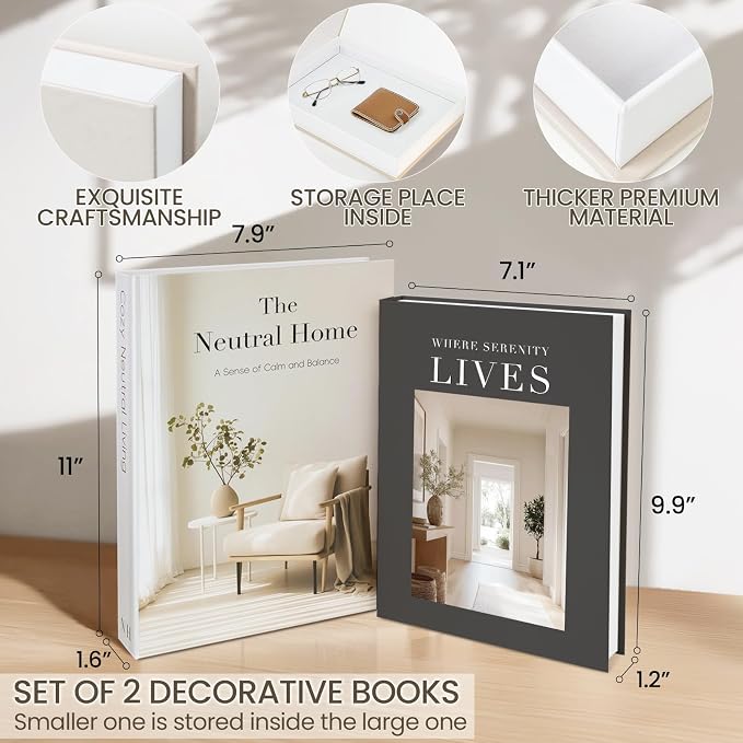 Decorative Books for Neutral Home, Fake Books Storage Boxes for Decoration | Set of 2 Coffee Table Books with Hidden Storage, Stackable Photo Keepsake Box for Living Room Bookshelf Decor, Gray