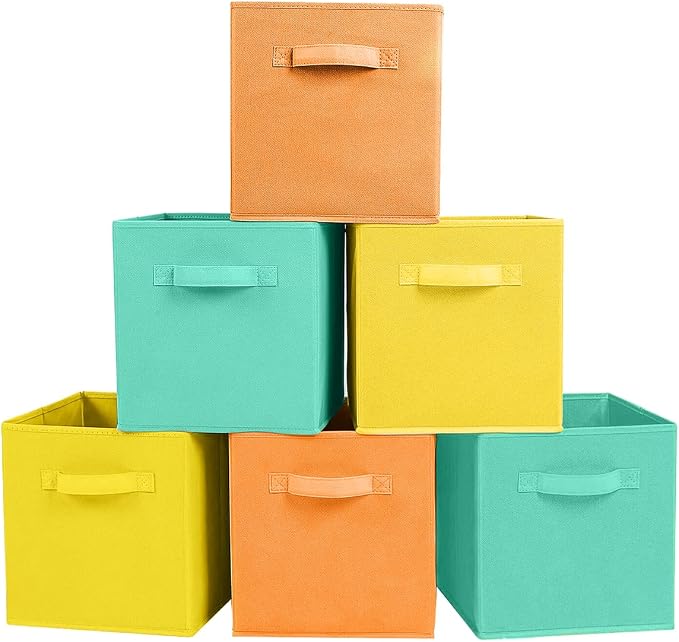 ShellKingdom Storage Bins, Foldable Fabric Storage Cubes and Cloth Storage Organizer Drawer for Closet and Toys Storage, 6 Pack (Mint Green+Orange+Yellow)