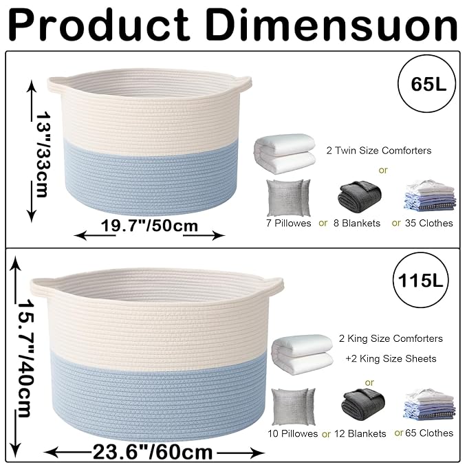 65L Extra Large Woven Cotton Rope Blanket Basket with Handles, Laundry Hamper Storage Bin for Pillows, Comforters,Clothes, Toys, Nursery, Bedroom and Living Room Organization,White&Blue