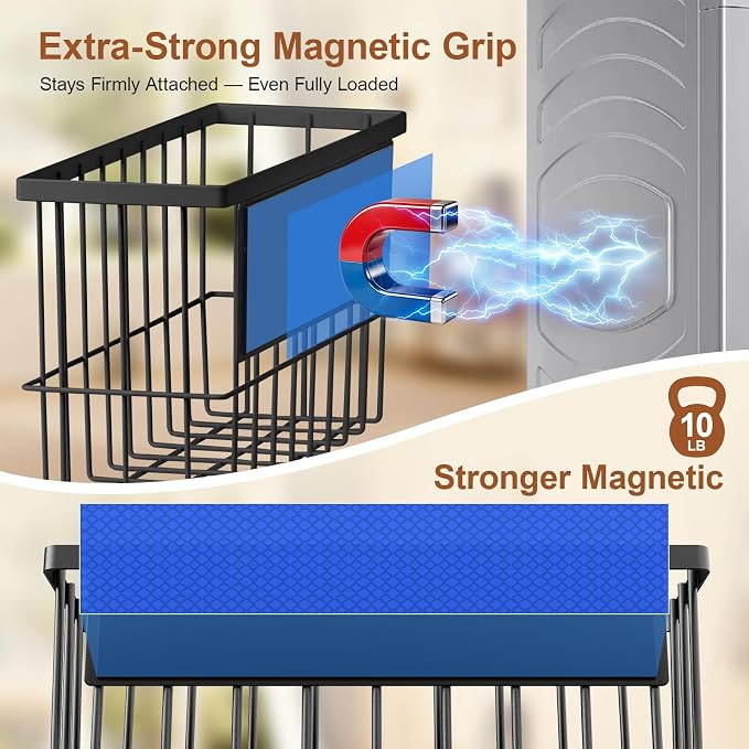 FAMNONE Magnetic Laundry Organizer, Dryer Ball Holder & Hanger Rack | Magnetic Lint Bin, Fridge Basket, Washer Dryer Organizer, Metal Magnetic Basket for Kitchen, Fidge, Laundry