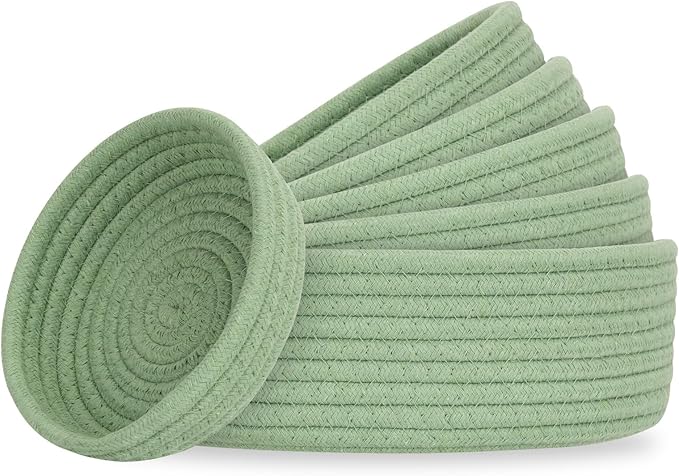 Small Shelf Storage Baskets for Organizing, 6 Pack Round Cotton Rope Bins, Decorative and Cute Woven Baskets for Bedroom and Closet, Key Tray Bowl, Home Decor Countertop Organizer (Green)