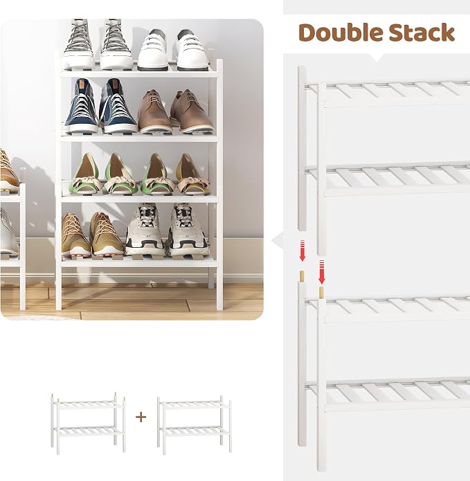 Bamboo Shoe Rack Stackable Shoe Shelf Storage Organizer for Unit Entryway Hallway and Closet Sturdy Freestanding Small Shoe Shelf(2S Tier White)