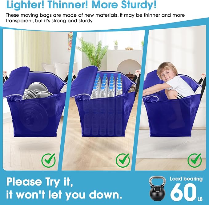 BlissTotes 6 Pack Moving Bags with Clear Window, Storage Bags with Strong Carrying Handles & Zippers,Large Packing Bags for Saving Space, Alternative to Moving Boxes(Blue,33 Gallon)