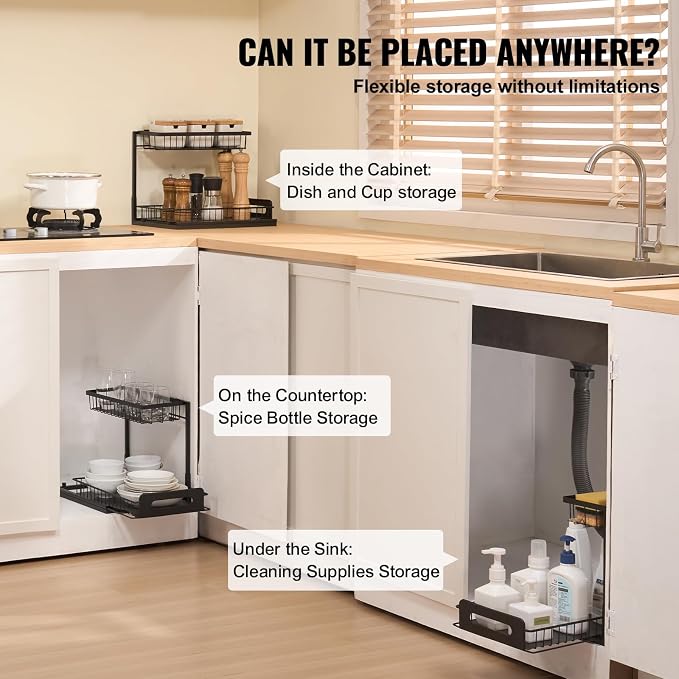 VEVOR 2 Tier Pull Out Cabinet Organizer(10.7"W x 14.2"D), Under Sink Organizer and Storage, Slide Out Drawer Cabinet Organizer, Wire Basket Sliding Storage, 12.5"Wx15.5"Dx13"H Install Size for Cabinet | Kitchen Slide Out Drawer Wire Basket Sliding Stor...