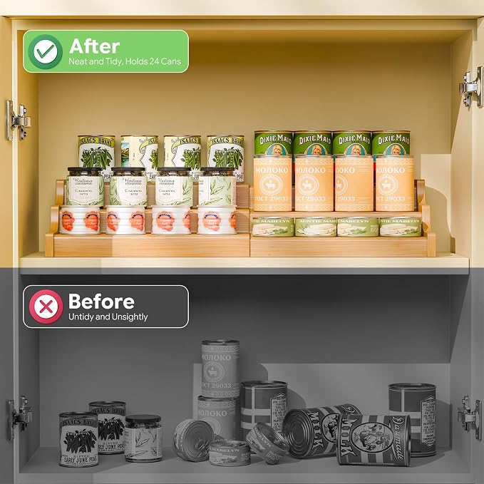 Simple Trending Expandable Bamboo Can Rack Organizer for Pantry, 3-Tier Adjustable Can Storage Holder Holds Up to 24 Cans, Canned Goods Storage Display for Cabinet, Countertop
