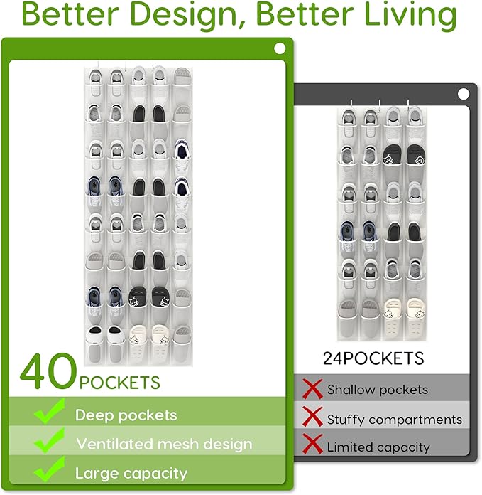 Over the Door Shoe Organizer with 40 Large Breathable Mesh Pockets, Space Saving Shoe Holder, Hanging Shoe Rack for Entryway Bedroom Closet Storage (White, 80 Pockets)