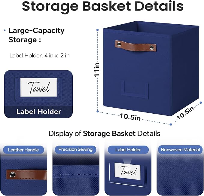 FinishingBo 6-Pack Storage Cubes with Handles & Label Holders Basket, Closet Cube Home Organizer Bins(Blue, 10.5*10.5*11 inch)