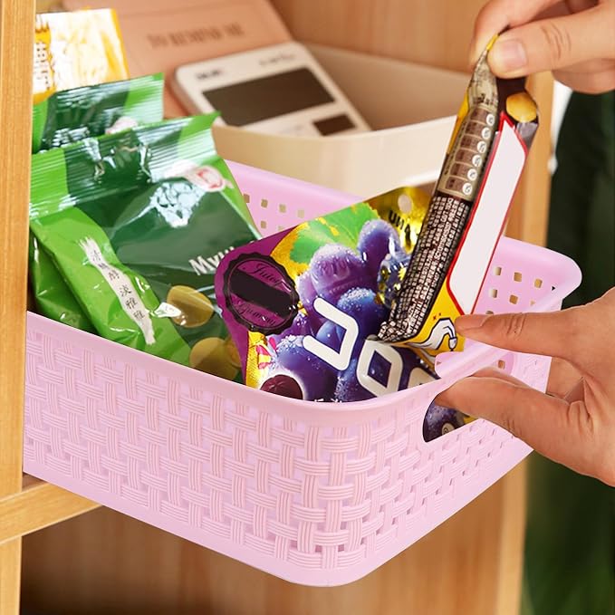 Plastic Storage Baskets, Small Pantry Baskets for Organizing, Woven Basket Organizer Basket Bins for Shelves, Organizer and Storage for Bathroom, Bedrooms, Kitchens (Pink 6pcs)