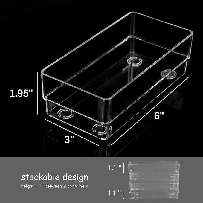 LotFancy Clear Drawer Organizers, 6'' x 3'' x 2'', Set of 3, Drawer Organizer Trays for Desk, Plastic Storage Bins for Bathroom, Makeup, Utensils, Stackable