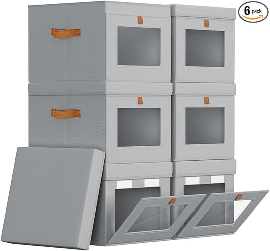 Homsorout Storage Bins with Lid – Closet Organizer with Side Opening and Clear Window, Foldable Stackable Fabric Basket for Clothes, Home, Office - 13.77" x 11.8" x 9.8", 6 Pack, Grey