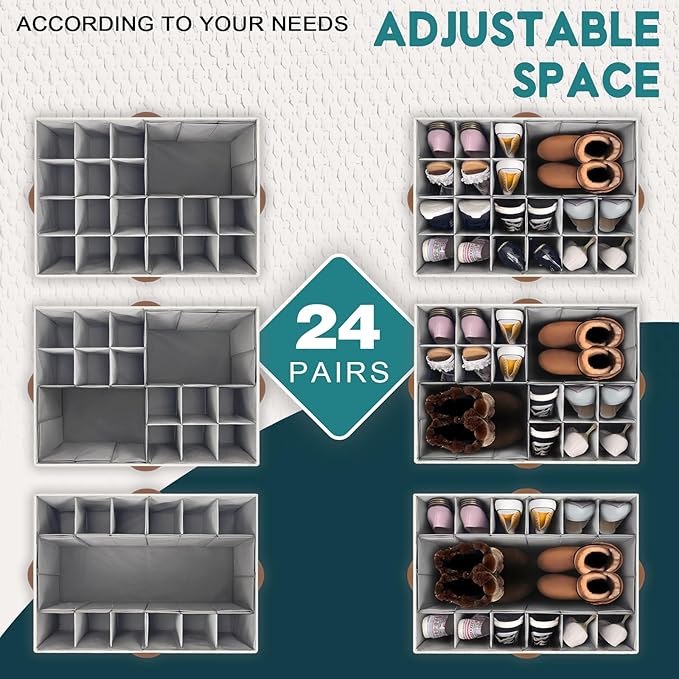 Shoe Organizer for Closet, Foldable Shoe Storage Bins with Clear Cover, Space Saving Shoes Holder with 4 Handles, Large Adjustable Shoe Box Storage Containers, Fits 12-24 Pairs, 1 Pack, Beige