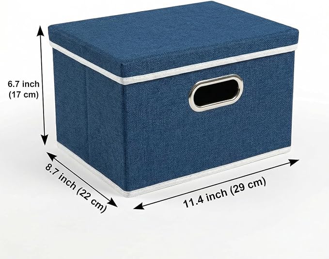PRANDOM Storage Bins with Lids [3-Pack] Linen Fabric Foldable Storage Boxes Organizer Containers Baskets Cube with Cover for Bedroom Closet Office Royal Blue（11.4X8.6X6.7