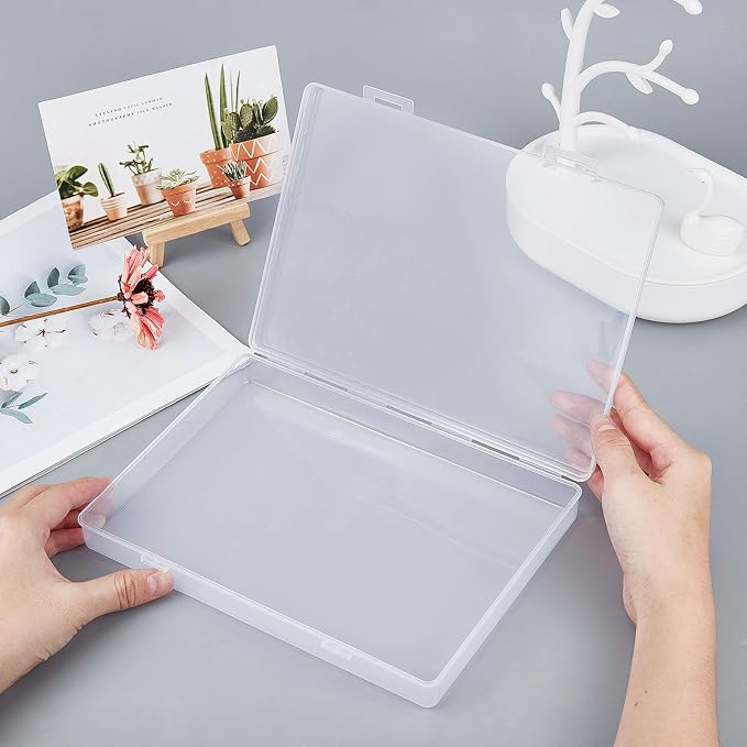BENECREAT 4 Pack 8.8x6.5x1.2 Large Rectangle Clear Plastic Storage Containers Large Box Case with Double Buckles for Cards, Pens, Beads and Jewelry Findings