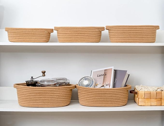 CubesLand Small Storage Basket Cotton Rope Organizer Baskets for Shelves | Set of 5 Decorative Closet Storage Bins with Handle for Countertop, Toilet Paper Basket for Toilet Tank Top, Brown Basket