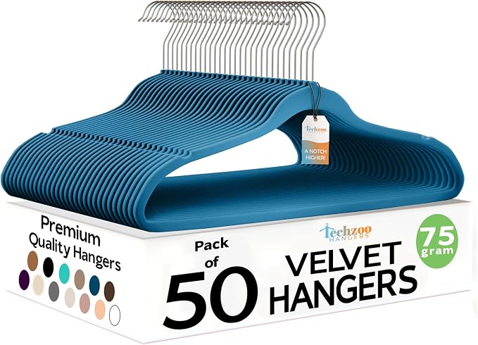Techzoo Premium Velvet Hangers 50 Pack Ultra Thin Non Slip Adult Felt Space Saving Slim Suit Hanger for Closet Heavy Duty Coat Pants Jackets Dress Hangers 360° Swivel Hook Hold Upto 10 lbs Blue