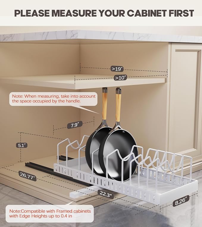 Pull Out Pots and Pans Organizer Under Cabinet, Expandable Sliding Lid Holder and Pan Rack for Kitchen, Slide Out Inside Cabinet for Pot Lid, Bakeware, Dishes, 10 Adjustable Dividers, 1 Pack White
