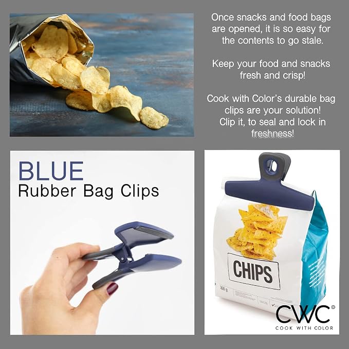 COOK WITH COLOR Food Clips - Wide Heavy Duty Chip Clips, Large Bag Clips for Food Storage with Air Tight Seal Grip, Pack of 8, Blue