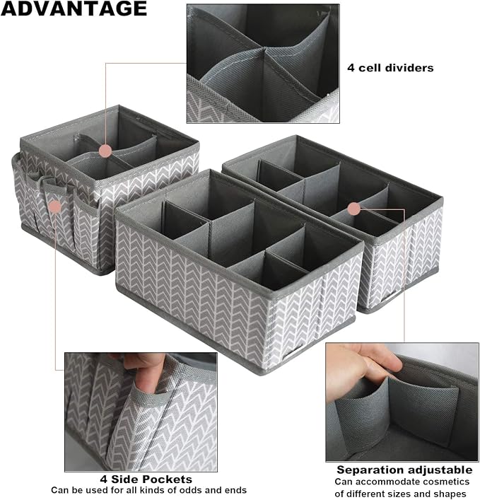 Cosmetic Storage Bins Makeup Organizer, Adjustable Multifunction Storage Box Desk Drawer Divider for Makeup Brushes, Bathroom Countertop or Dresser, Set of 3 (Grey)