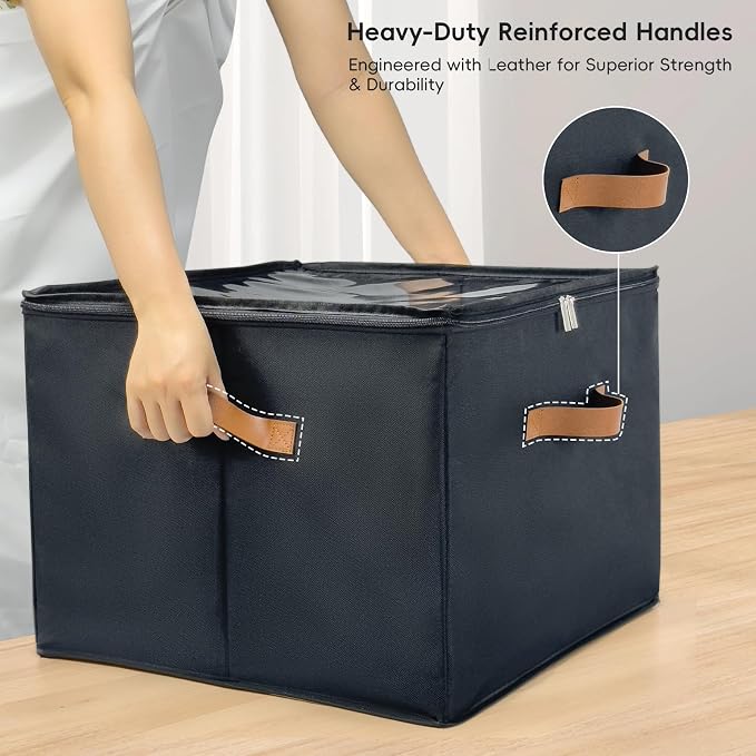Shoe Organizer for Closet, 2 Pack Shoe Storage Bins with Clear Cover, Foldable and Adjustable Dividers, Fits 16-32 Pairs, Black