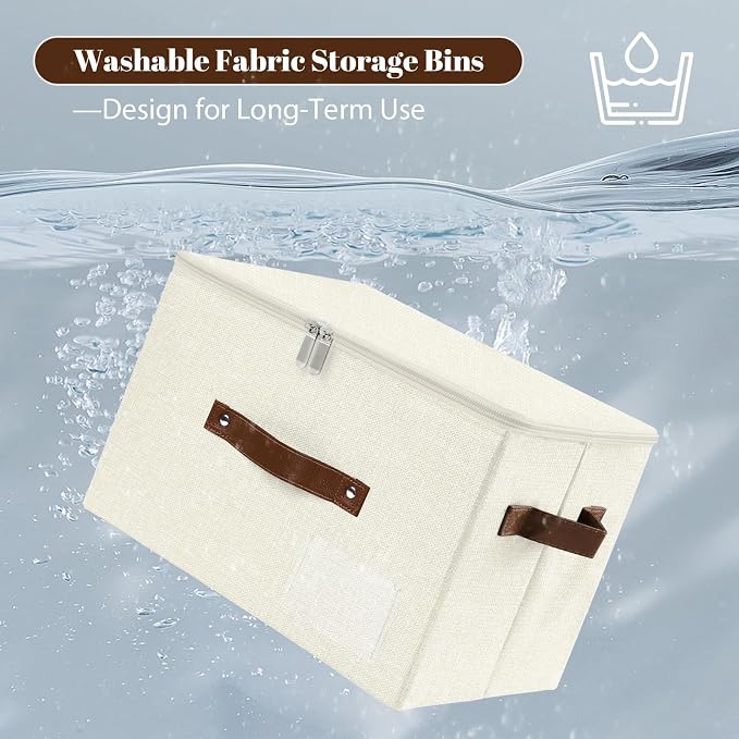 ANMINY 3PCS Storage Bins with Zipper Lid Storage Boxes with Label Holder PU Leather Handles Washable Foldable Decorative Lidded Cotton Linen Fabric Cubes Baskets Closet Organizer - Beige, Small