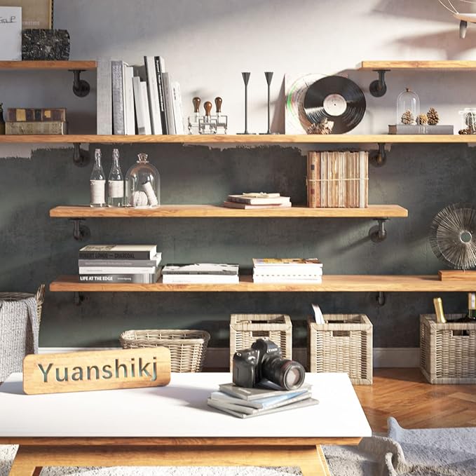Yuanshikj (10Pc, 3.9"x5.9" Industrial Pipe Shelf Brackets for 6 8 10 12 inches Board, Iron L Pipe Floating Shelf Bracket Heavy Duty Metal Shelving Brackets for Shelves