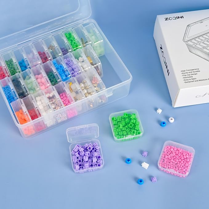 Bead Organizer, 60Pcs Small Clear Plastic Bead Storage Containers with Label, 2 Large Craft Storage Cases with Hinged Lid, Storage Box for Jewelry Making Diamond Art Bracelet Seed Screw Mini Parts
