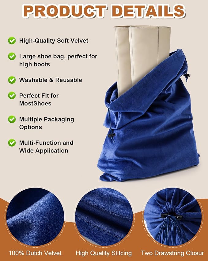 4 Pcs Shoe Bags for Travel, Large Boot Bag, Palace Blue, 21.2x13.3 Inch | Washable & Reusable Travel Shoe Bags, Dustproof Shoe Bags with Drawstring Closure, Suitable for Travel, Home Storage