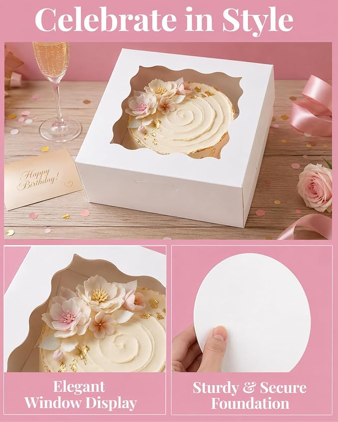 qiqee White 6"x6"x5" Cake Box 36Pcs, 6" White Cake Round Boards 36Pcs, for Cake, Treat Cookie Dessert, Birthday Party