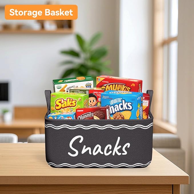 Snack Basket for Pantry & 5 Seal Clips - Snack Bin Organizer for Countertop - Imitation Linen Snack Storage Containers for Storing Chips, Pretzels, Cookies, Popcorn and more (1, Black)