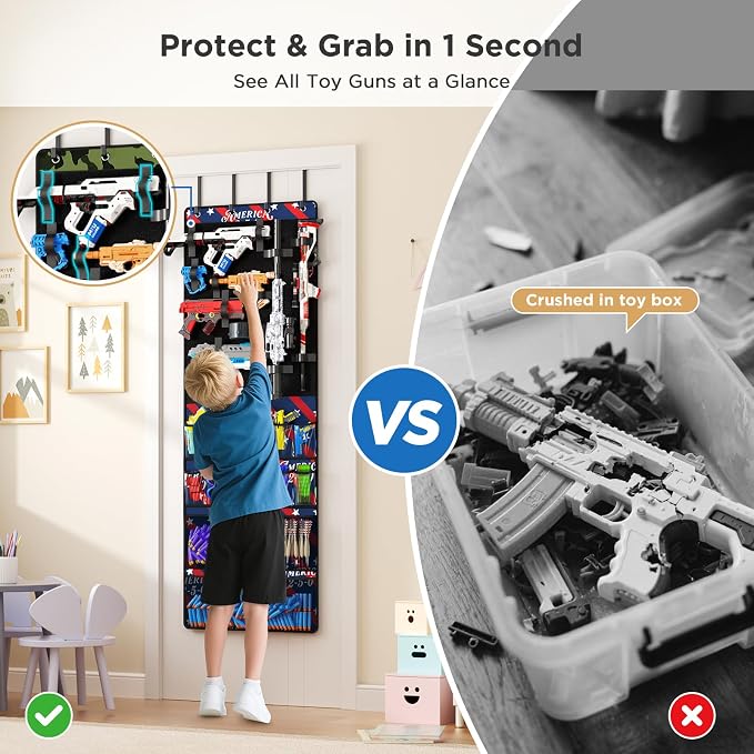 Over the Door Organizer for Toy Guns, Toys Storage Door Hanger with Pockets and Slots for Kids Foam Blasters, Darts, Goggles, Over Door Toys Storage Organizer, for Kids Rooms, Game Rooms, Blue Red