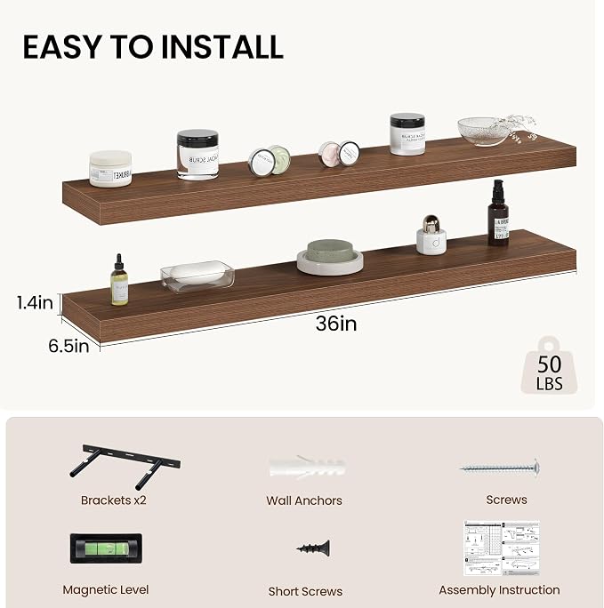 Vivelove 36 Inch Floating Shelves Wall Mounted for Display, 6.5 Deep Duty Shelves with Invisible Brackets for Living Room,Bedroom,Kitchen, Bathroom Storage & Decor,36" Wx6.5 Dx1.4 H - Walnut
