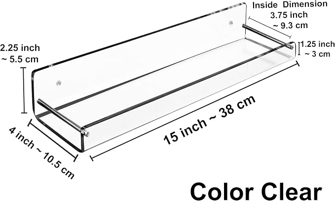 AMT 2 Pack Acrylic Floating Shelves, 15" L x 4" W, Clear Bathroom Wall, Bookshelves, Invisible Display for Office, Bedroom, Small Gap Allows Water to Escape, Free Screws & Drill Bit (L- New Model)