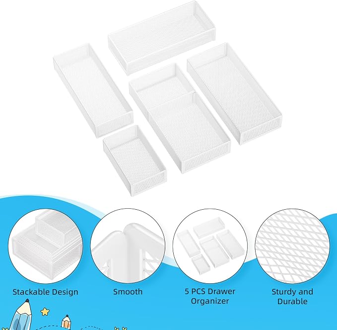 Marbrasse 5 Pack Desk Drawer Organizer Set, Mesh Drawer Storage Trays with 1 Adjustable Divider, Desk Organizers and Accessories, 5 PCS Drawer for Office Supplies, Makeup & Vanity (White)