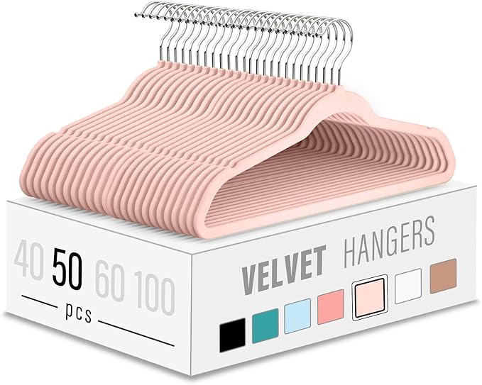 Velvet Clothes Hangers (50 Pack) Heavy Duty Durable Suit Hanger Vibrant Color Hangers Lightweight Space Saving Coat Hangers for Closet -Blush Pink