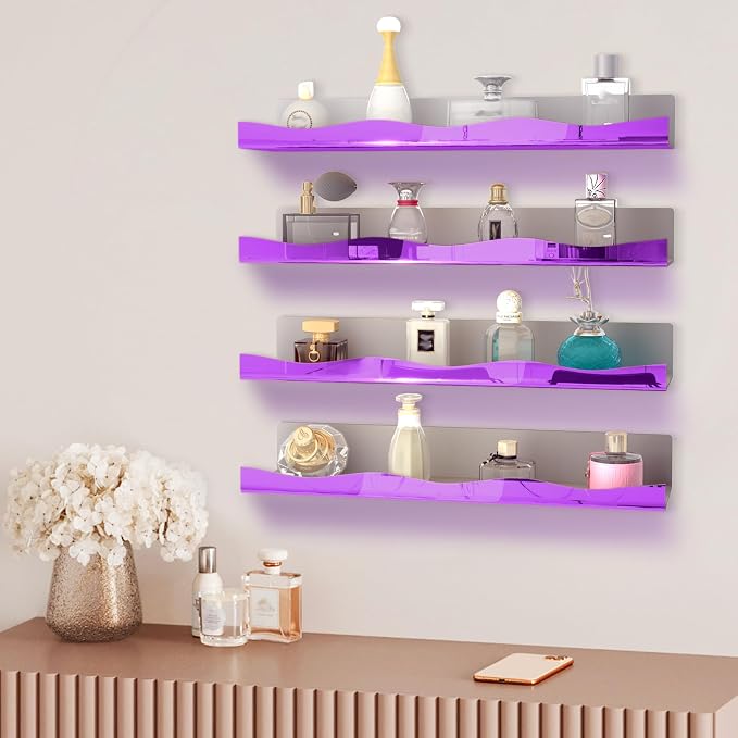 YMVV 15.7 in Large Purple Reflective Acrylic Mounted Floating Shelf, Perfume Organizer Shelf, Modern Bathroom Storage Toy Display Organizer Decor 4 Pack