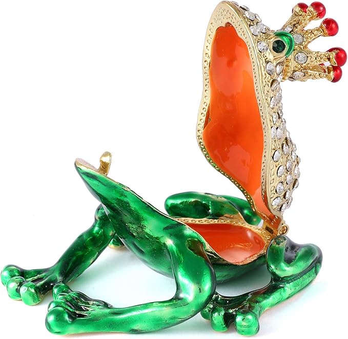 QIFU Mini Frog Prince Figurine Hand Painted Enamel Hinged Jewelry Trinket Box, Unique Gift for Family