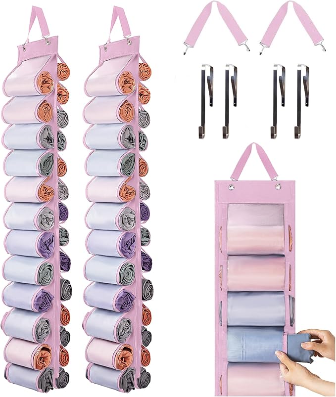 DHSFKBE Legging Organizer Storage, 2PCS T Shirt Organizer, Foldable Hanging Closet Organizer Storage with 26 Roll Independent Compartments for Yoga Pants, Tank Top, Towel, Underwear (Pink)