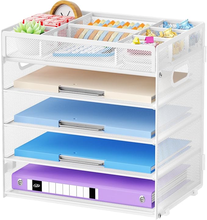 Marbrasse 5 Tier Paper Organizer Letter Tray, Mesh Desk File Organizer with Handle, Paper Sorter Desk Organizer for Home Office Supplies - White, Adjustable
