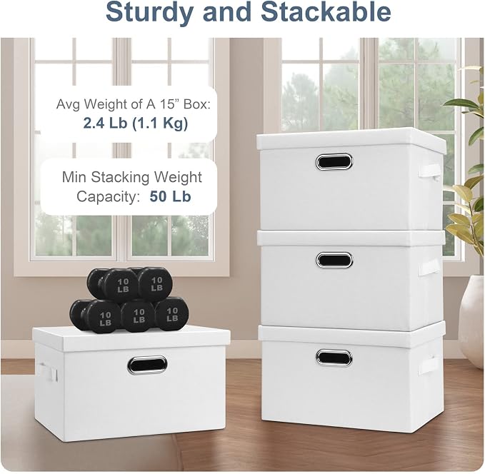 Graciadeco Medium 15" 21 Quart Collapsible Stackable Storage Bins with Lids, 5 Packs White Foldable Fabric Closet Storage Boxes with Lids, Lidded Heavy-duty Linen Baskets(15x11x8)