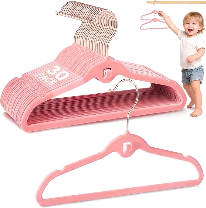 Baby Velvet Stackable Hangers 30 Pack, 11 Inches Pink Kids Clothes Hangers for Closet, Non Slip Toddler Infant Hanger for Nursery, Thin Space Saving Children Felt Hanger with 360° Swivel Hooks