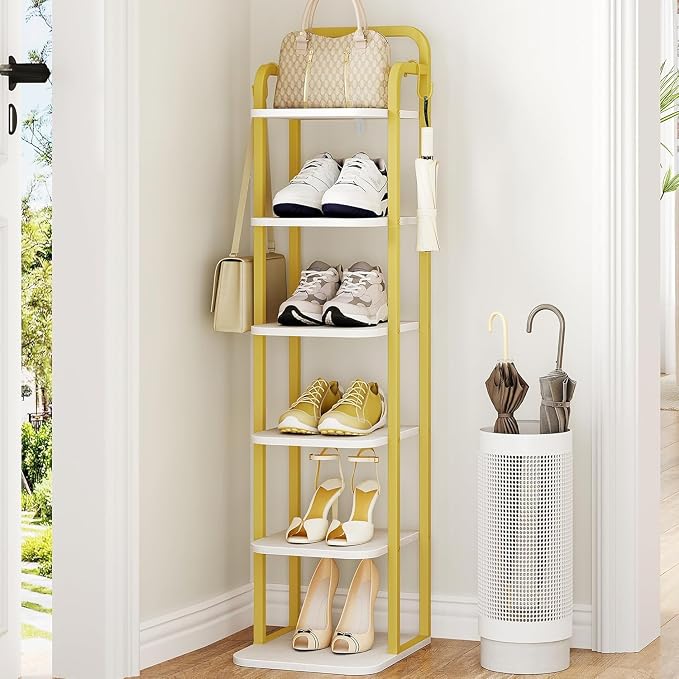 Hzuaneri 6 Tiers Vertical Shoe Rack, Narrow Shoe Tower, Tall Shoes Shelf with 2 Hooks, Adjustable Shelves, Corner Shoes Shelves for Small Spaces, Entryway, Living Room, White Gold SR04213A