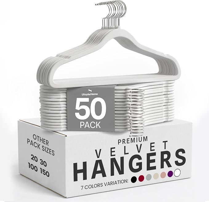 Utopia Home Velvet Hangers, White, 50 Pack | Luxury Non-Slip Slim Pant & Coat Hangers, Strong Space-Saving Clothes Hangers with Pants Bar and 360° Swivel Hook