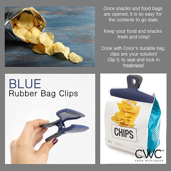 COOK WITH COLOR Food Clips - Wide Heavy Duty Chip Clips, Large Bag Clips for Food Storage with Air Tight Seal Grip, Pack of 4, Blue