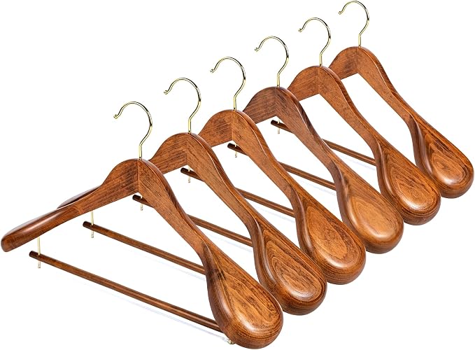 Amber Home 6 Pack Wide Shoulder Wooden Suit Hangers, Vintage | Antique Wood Coat Hangers with Non Slip Pants Bar, Clothes Hangers for Jackets, Sweaters, Pants & Heavy Clothes